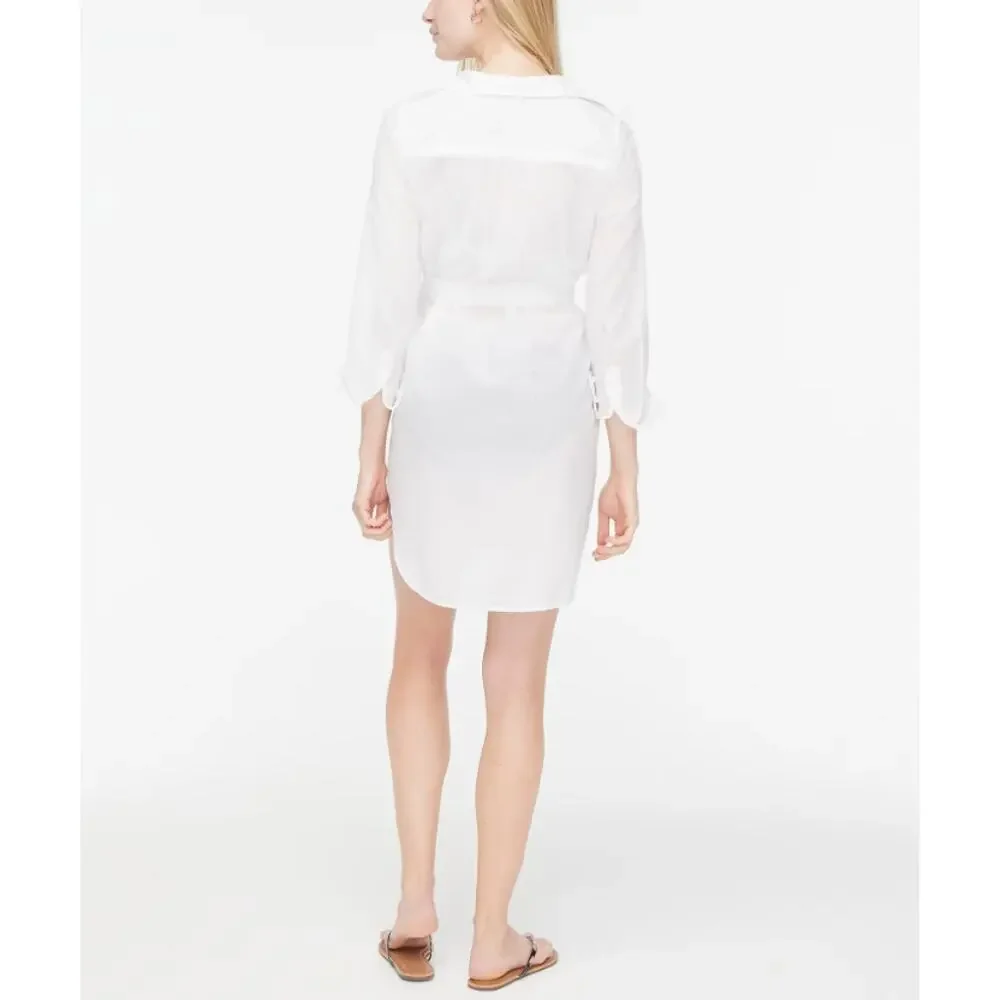 J.Crew Cover-up Shirtdress Sz XS White Semi-sheer Long Sleeve Belted Button Down
